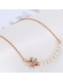 Elegant Rose Gold Flower&pearl Pendant Decorated Long Chian Necklace