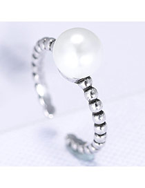 Lovely Silver Color Pearl& Thread Pattern Decorated Simple Opening Rings