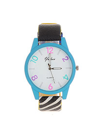 Fashion Blue Color Matching Number Decorated Gridding Strap Watch
