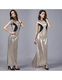 Elegant Champagne Color Matching Design Short Sleeve Long Dress