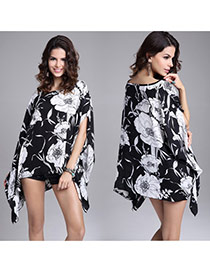 Exaggerate White+black Big Flower Pattern Decorated Batwing Sleeve Blouse