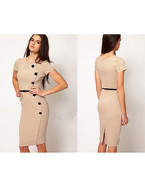 Fashion Khaki Pure Color Decorated Short Sleeve Package Hip Slim Long Dress