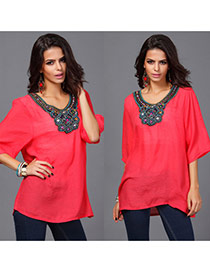 Casual Watermelon Red Embroidery Pattern Decorated Short Sleeve Long Blouse