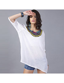 Casual White Embroidery Pattern Decorated Three Quarters Sleeve Long Blouse