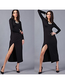 Sexy Black Pure Color Decorated Long Sleeve Split Long Dress
