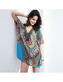 Casual Blue Geometric Pattern Decorated Batwing Sleeve Loose Blouse