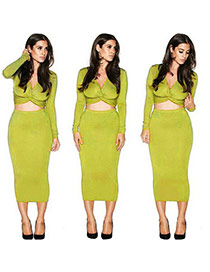 Fashion yellow Pure Color Decorated Long Sleeve Chest Crossover Package Hip Dress (2pcs)