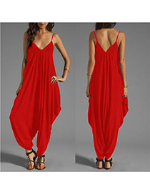 Sexy red V Neckline Design Pure Color Large Size Loose Strap Jumpsuit