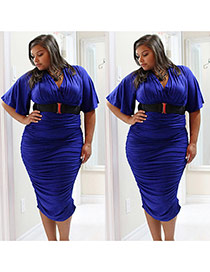 Sexy blue Pure Color Design V Neckline Three Quarters Sleeve Package Hip Large Size Dress