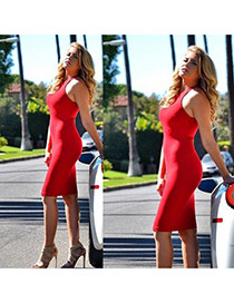 Sexy Red Pure Color Decorated Sleeveless O Neckline Tight Dress