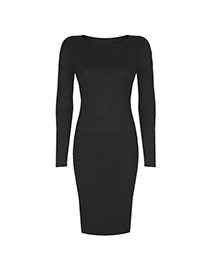 Sexy Black Pure Color Decorated Long Sleeve O Neckline Tight Dress