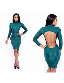Sexy Dark Green Long Sleeve Decorated Backless High Neckline Tight Dress