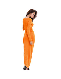 Sexy Orange Pure Color Decorated Long Sleeve Package Buttocks Tight Dress