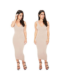 Sexy Apricot V Neckline Decorated Sleeveless Pure Color Backless Dress