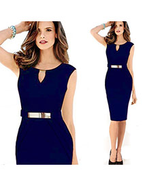 Trendy Sapphire Blue O Neckline Decorated Sleevess Pure Color Dress