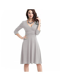 Trendy Gray Deep V Neckline Decorated Pure Color Long Sleeve Dress