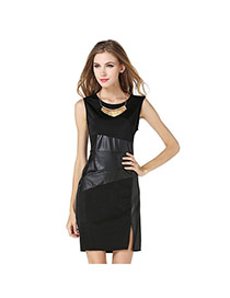 Fashion Black O Neckline Decorated Simple Design Sleeveless Split Dress