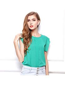 Fashion Fruit Green O Shape Neckline Design Pure Color Short Sleeve Shirt