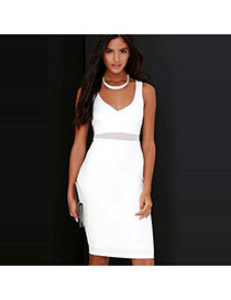 Sexy White Pure Color Design V Neckline Sleeveless Package Hip Long Dress