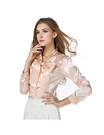 Fashion Apricot Bowknot Decorated Pure Color V Neckline Long Sleeve Chiffon Blouse