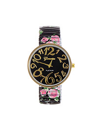 Fashion Black Painting Flower Pattern Decorated Round Daild Watch